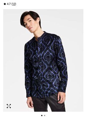 INC International Concepts NEW Shirt Mens XXL Navy Flocked Velvet Band Collar